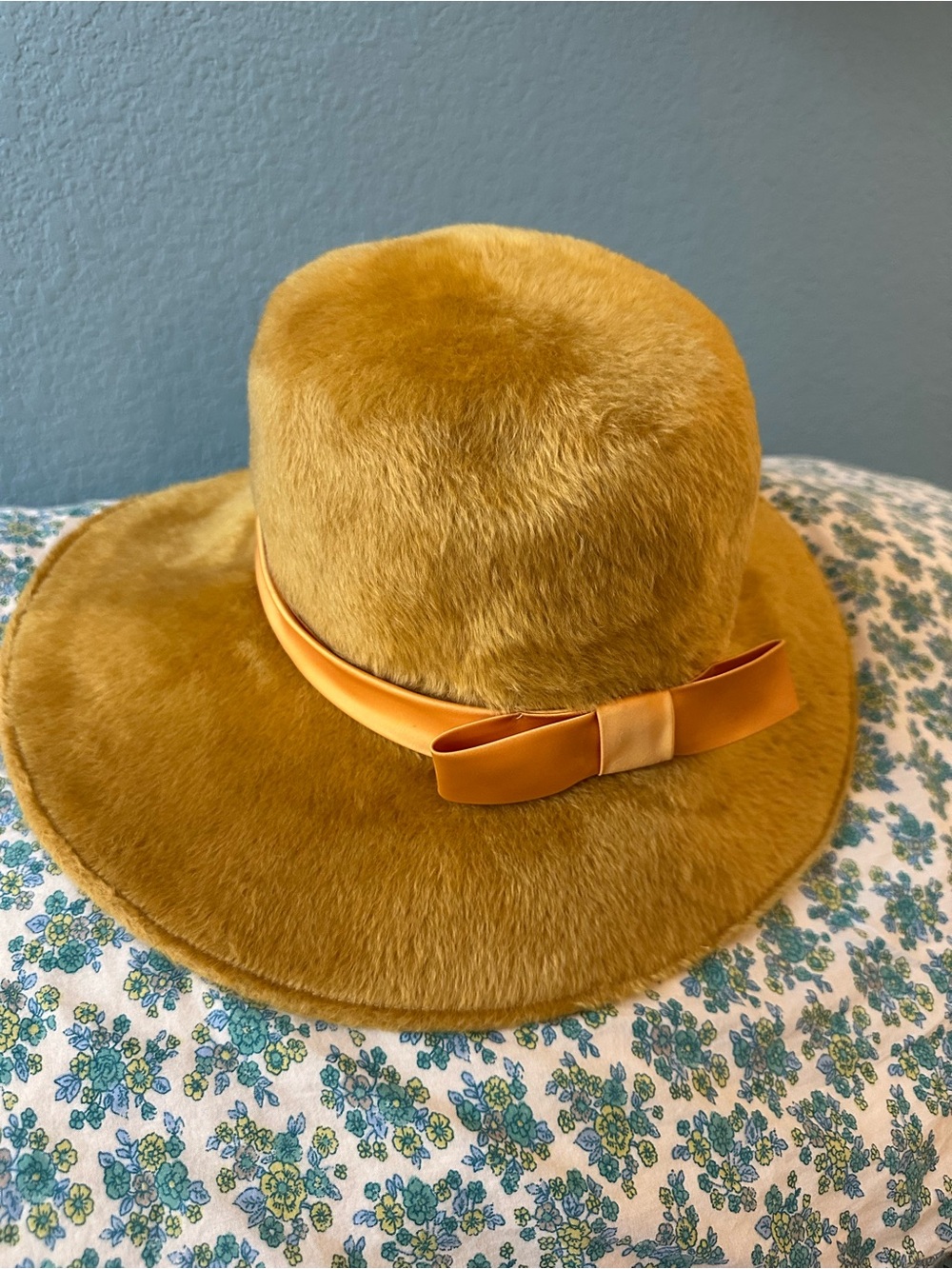 Golden Mustard Faux Fur Wide-Brim Hat with Satin Bow by Dutchess